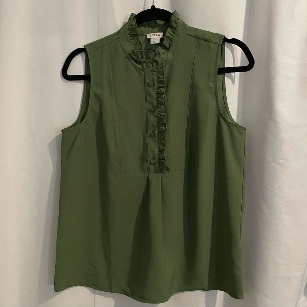 J Crew olive green sleeveless blouse, ruffle collar, size 4